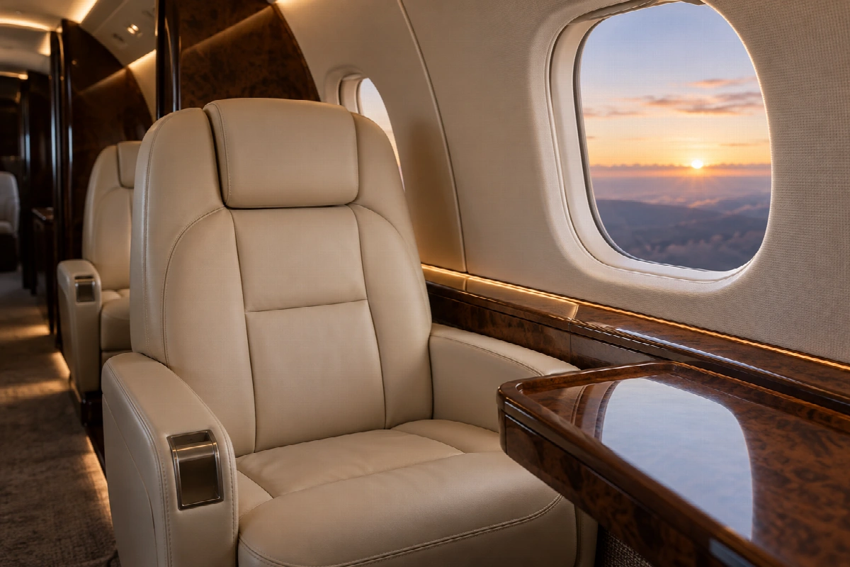 Refined leather seating and walnut finishes in a private aircraft cabin