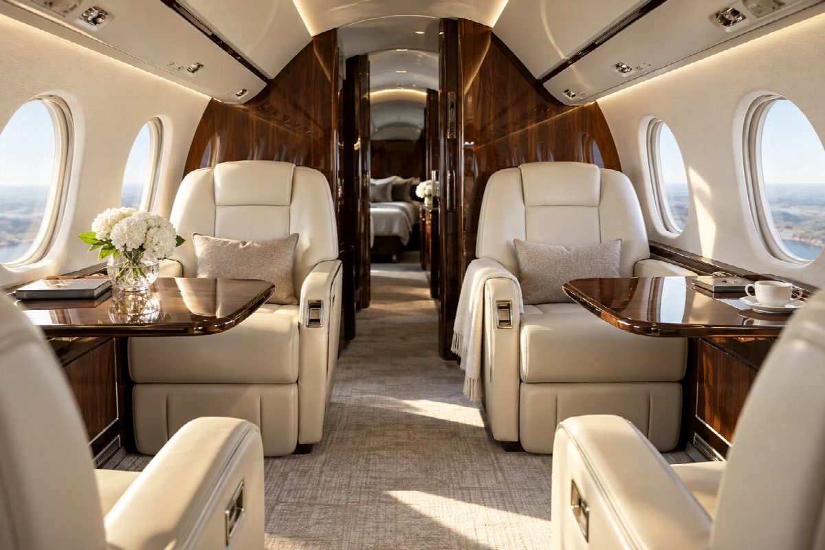 Private jet cabin with club seating and walnut tables