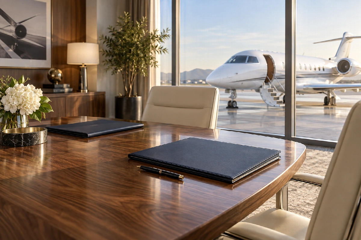Private aviation meeting room overlooking a business jet