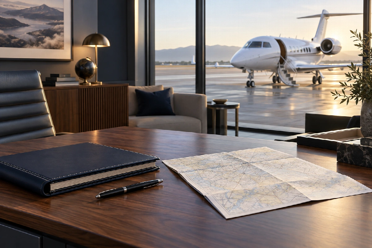 Aviation planning materials in an office overlooking a private aircraft