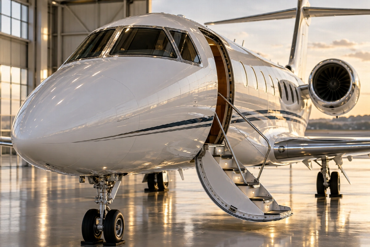Detailed view of a private jet cockpit and boarding entrance