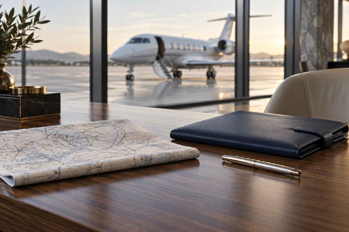 Aviation planning materials overlooking a private jet