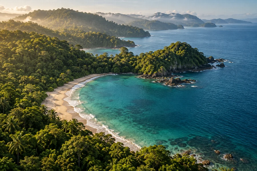 Lush rainforest hills meeting the Pacific coastline