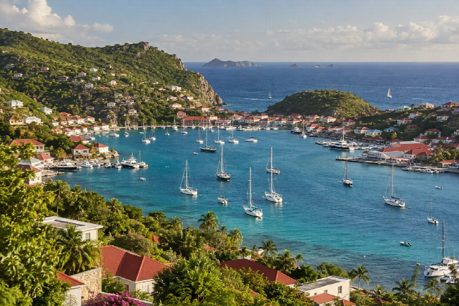 Caribbean harbor with sailboats and red-roofed waterfront buildings