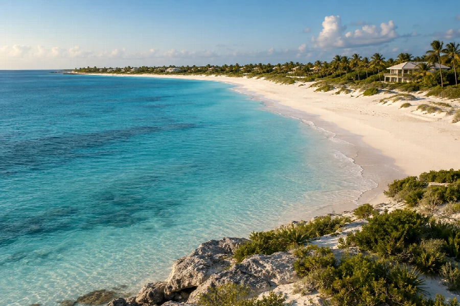 White-sand beach and turquoise sea in a Turks and Caicos inspired landscape