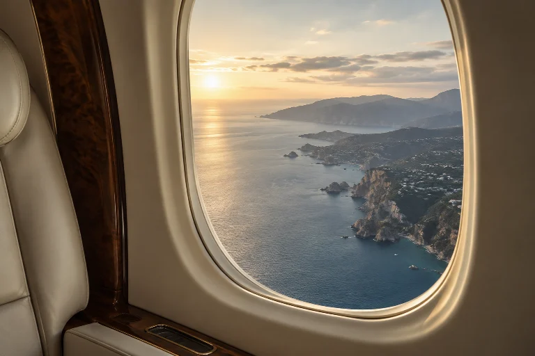 Coastline viewed through a private jet cabin window