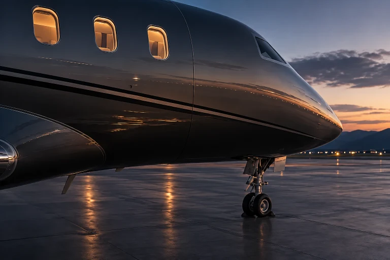 Private jet boarding stairs illuminated at dusk