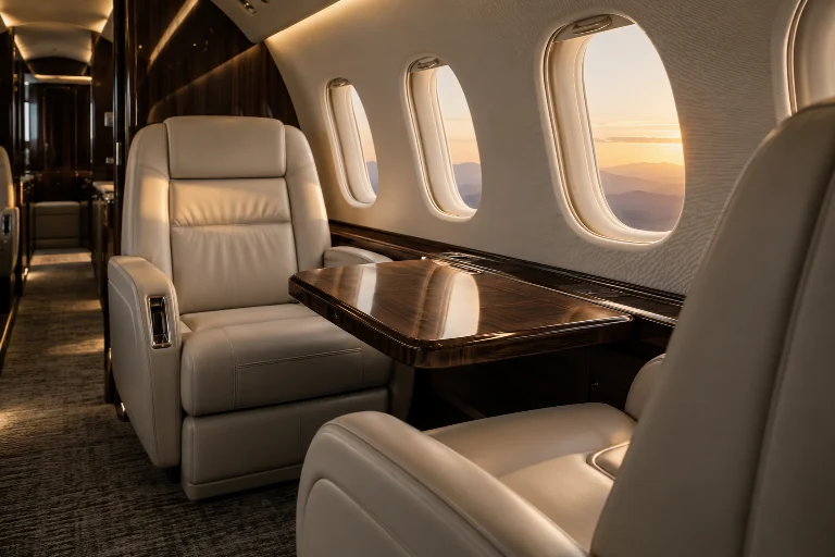 Cream leather seating and walnut finishes in a private jet lounge