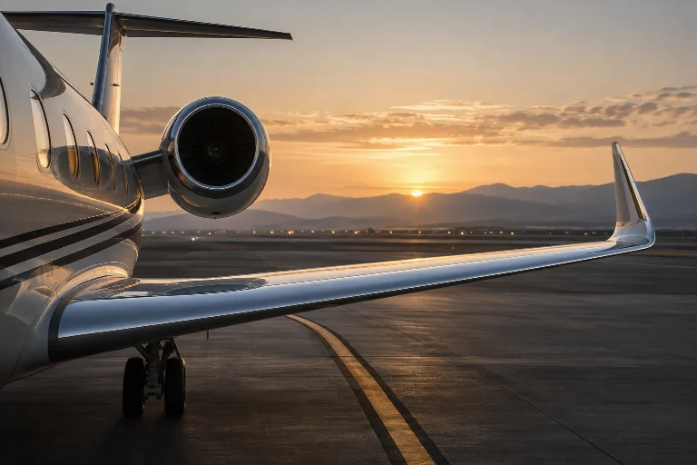 Private jet wing overlooking the runway at dawn