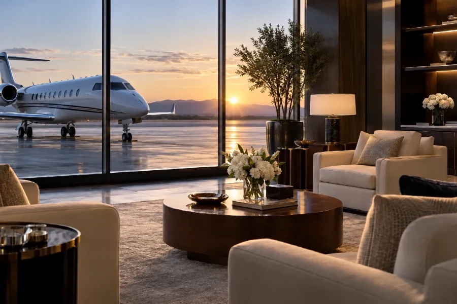 Elegant private airport lounge overlooking a business jet