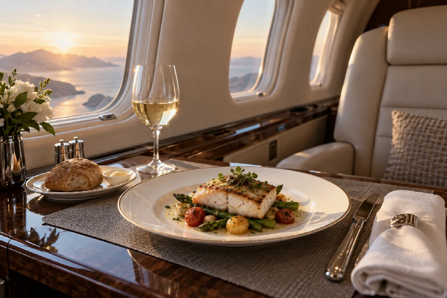 Gourmet meal served in a private aircraft cabin