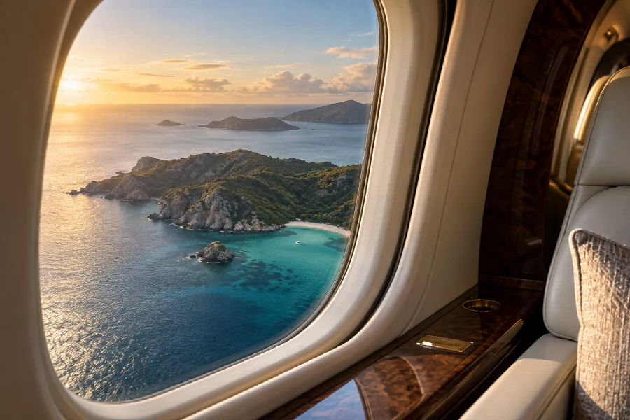 Island coastline seen through a private jet window