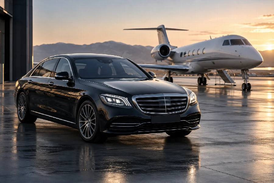 Luxury sedan waiting beside a private aircraft