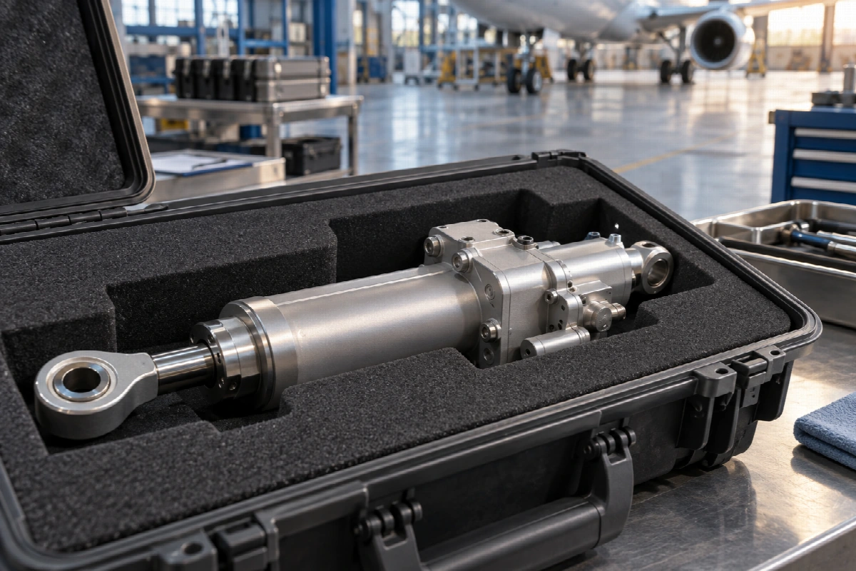 Aircraft component secured in a protective transport case